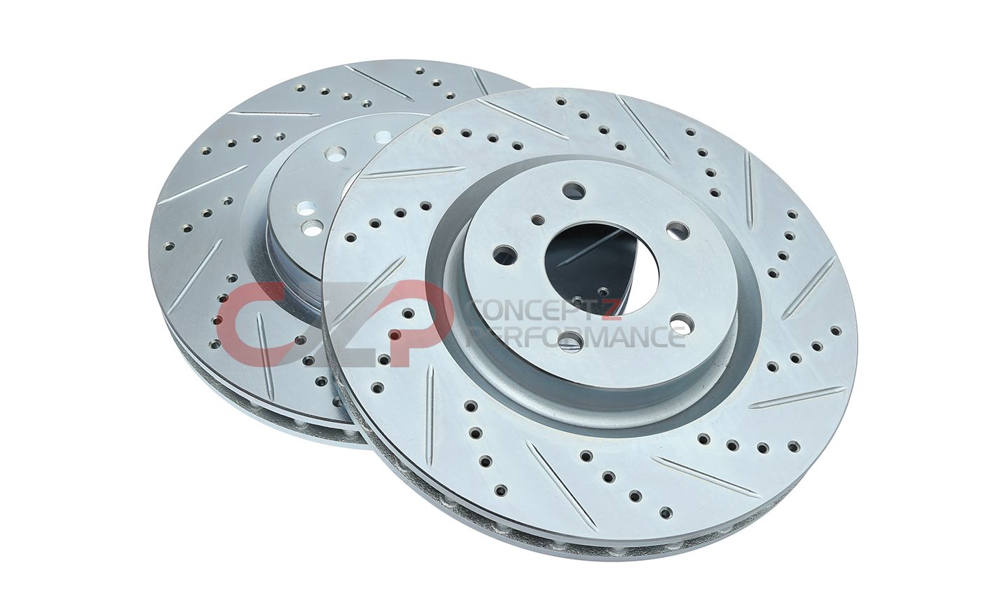 P2M Brake Rotors, Drilled / Slotted, Front Pair w/ Standard Non-Sport Calipers - Nissan 350Z 03-05 / Infiniti G35 03-04 RWD, 03-05 AWD