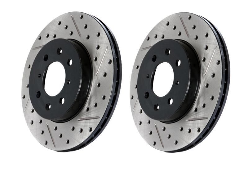 Stoptech Direct Replacement Rotors w/ Standard Calipers, Drilled/Slotted, Rear Pair - Nissan 350Z 06-09, 370Z, Z / Infiniti G35 05+, G37, Q40 Sedan / G37 09 Coupe AWD