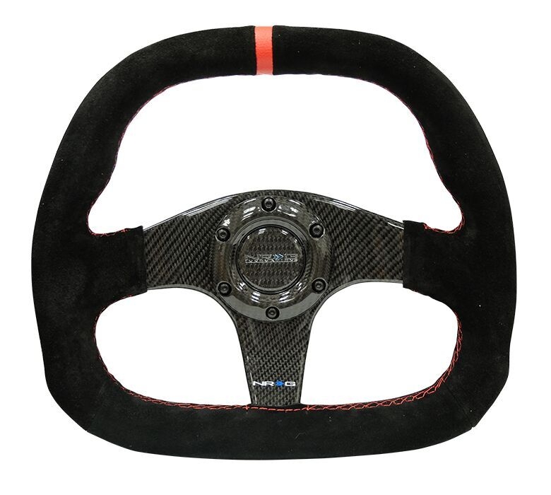 NRG Carbon Fiber Steering Wheel (320mm) Flat Btm. Black Suede / Red Stitch w/ CF Spokes & Red Center Mark