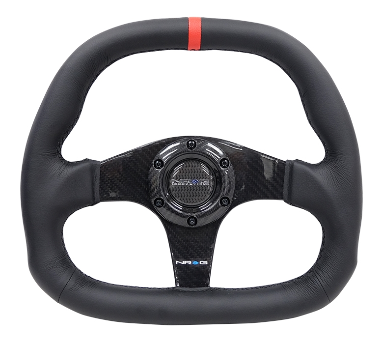 NRG Carbon Fiber Steering Wheel (320mm) Black CF Center w/ Black Stitch Red Center Mark Flat Bottom