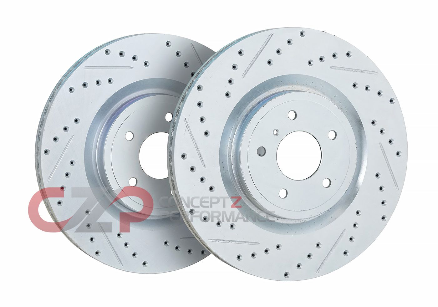P2M Front Rotor Set, Zinc Plated, Drilled/Slotted For Sport Akebono - Nissan 370Z / Infiniti G37 Q50 Q60 Q70 M37 M56 FX50