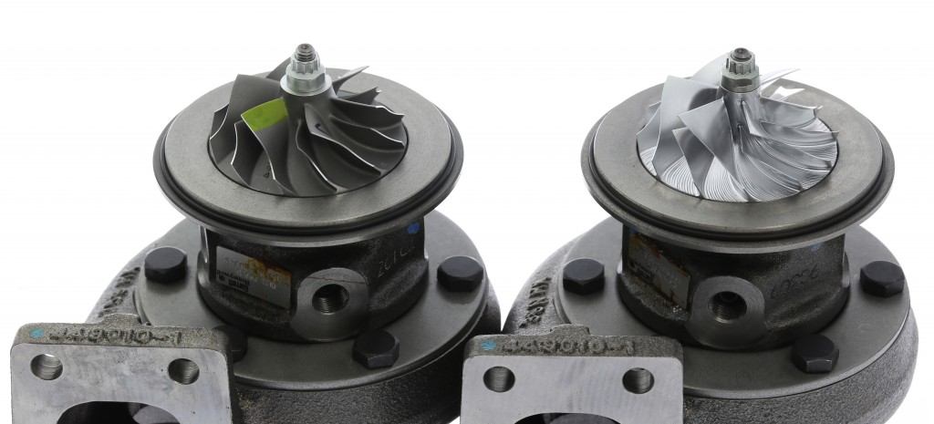 Left: Standard GT2560R compressor wheel. Right: Billet version of the same wheel. Note how the center root of the turbo is much thinner on the billet version, creating blades with larger surface area.
