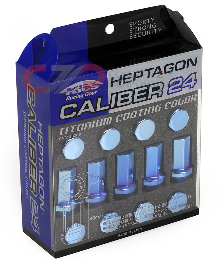 Project Kics Heptagon Caliber 24 Closed Ended Lug Nuts M12X1.25, Blue Titanium