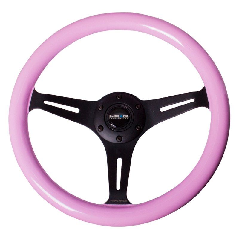 NRG Classic Wood Grain Steering Wheel (350mm) Solid Pink Paint Grip w/ Black 3-Spoke Center