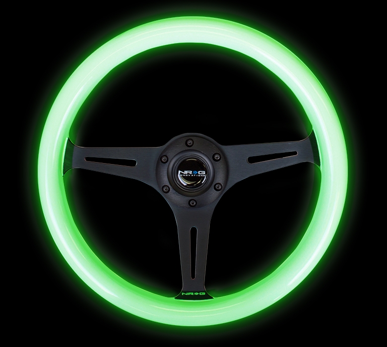 NRG Classic Wood Grain Steering Wheel (350mm) Glow-In-The-Dark Green Grip w/ Black 3-Spoke Center