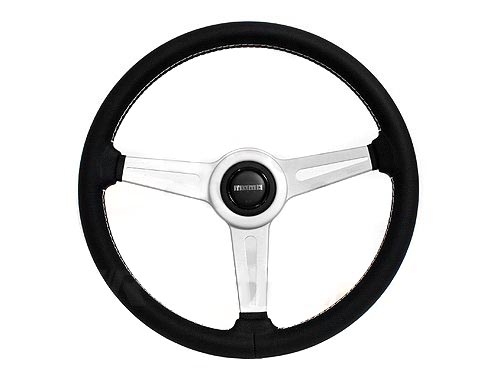 Momo Retro Steering Wheel 360MM, Black Leather, White Stitch, Brushed Spokes