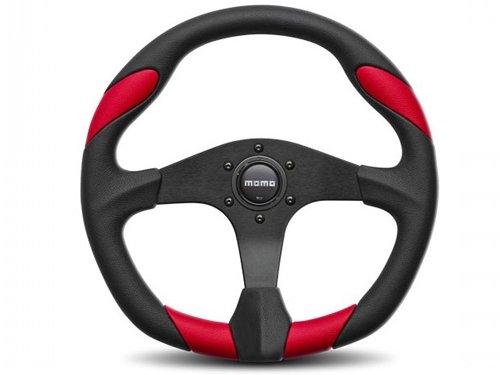 Momo Quark Steering Wheel 350MM, Black Polyurethane, Black Spokes, Red Inserts