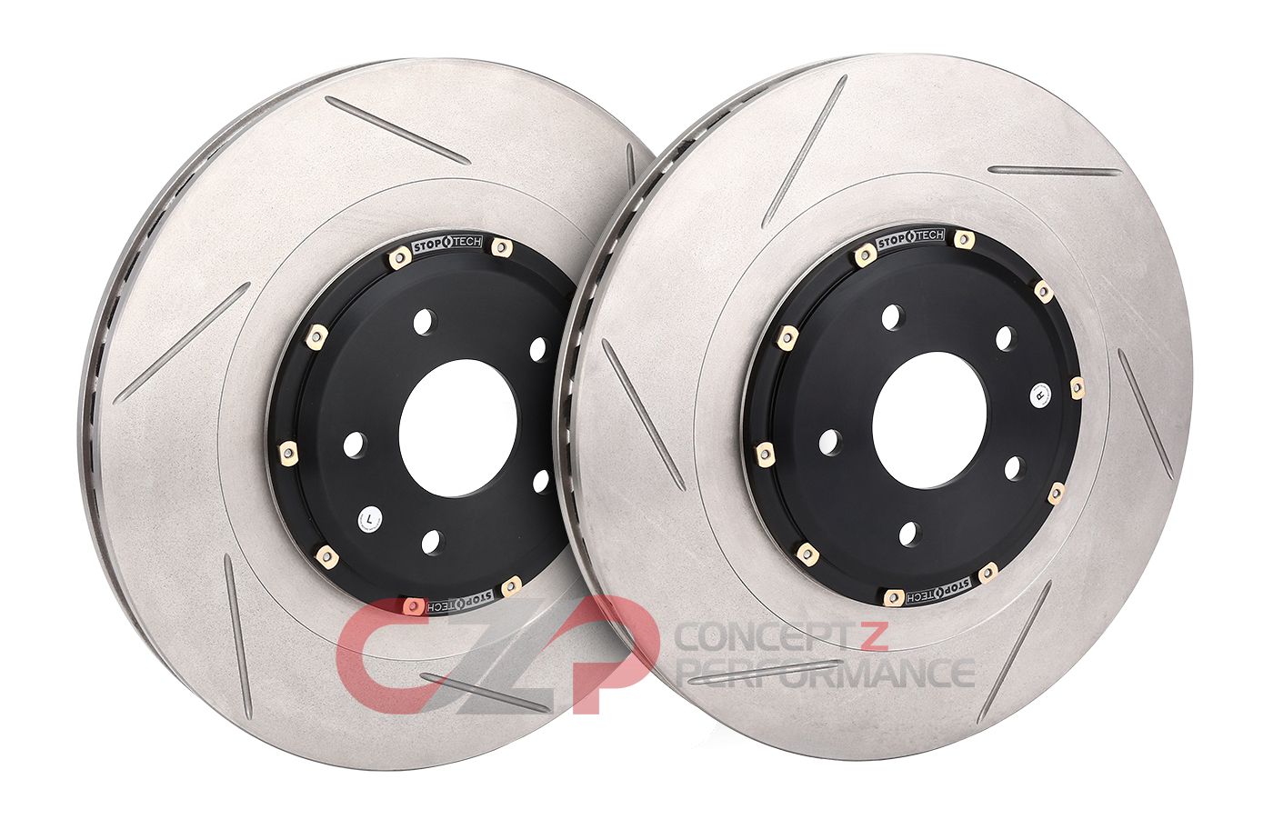 Stoptech 2pc 2 Piece Aero Rotor Direct Replacement, Sport Akebono Calipers, Front Slotted - Nissan 370Z / Infiniti G37 Q50 Q60 Q70 M37 M56 FX50