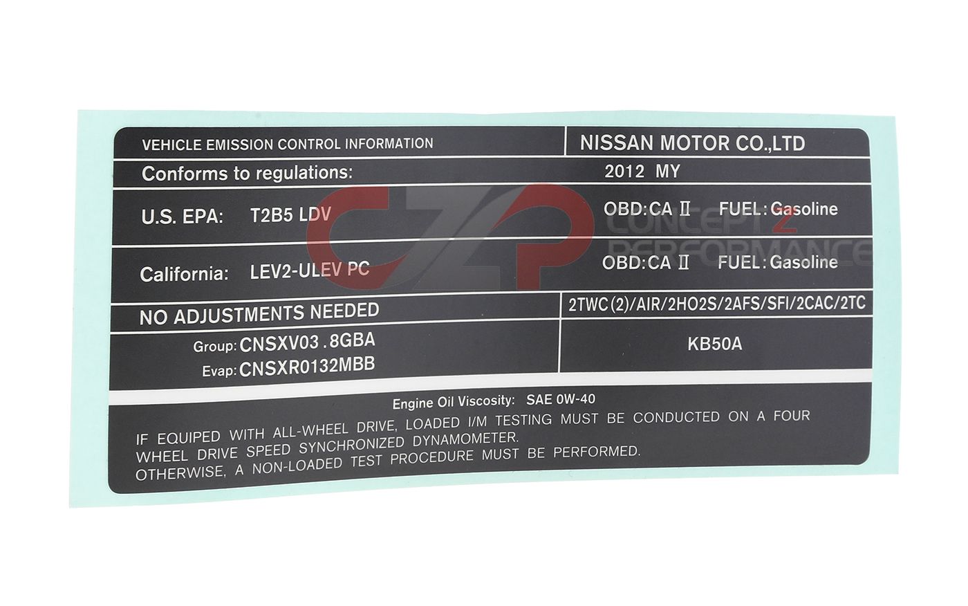 Nissan OEM Emissions Control Label - Nissan GT-R 2012 R35