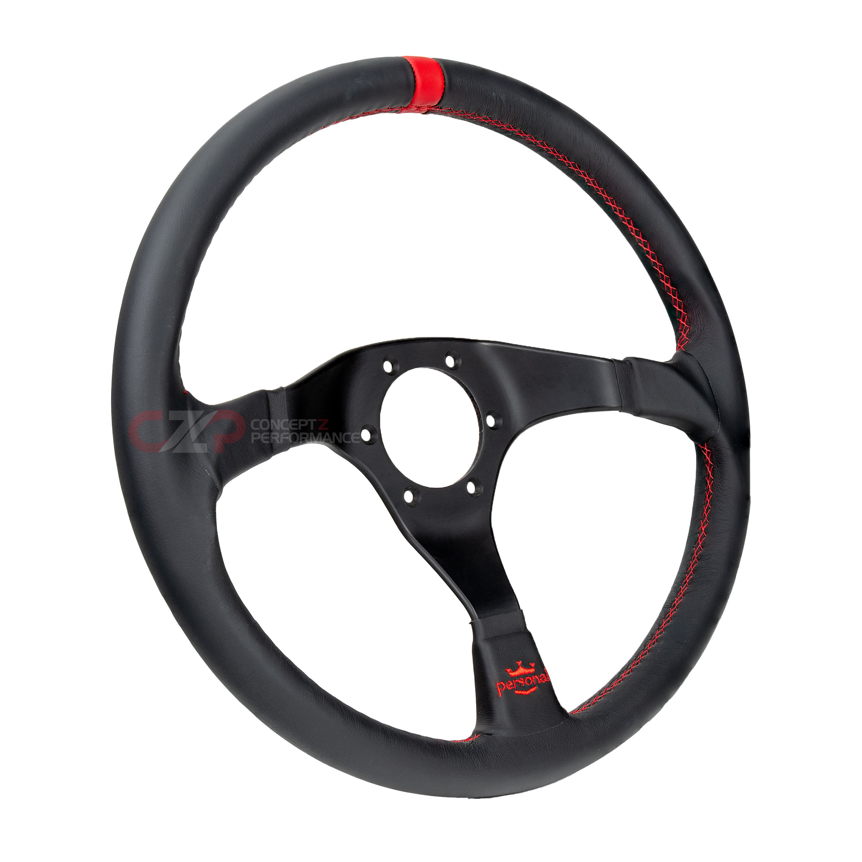 Personal Rally Trophy Steering Wheel Black Leather w/ Red Stitching & Black Spokes w/ Red Center Ring - 350mm