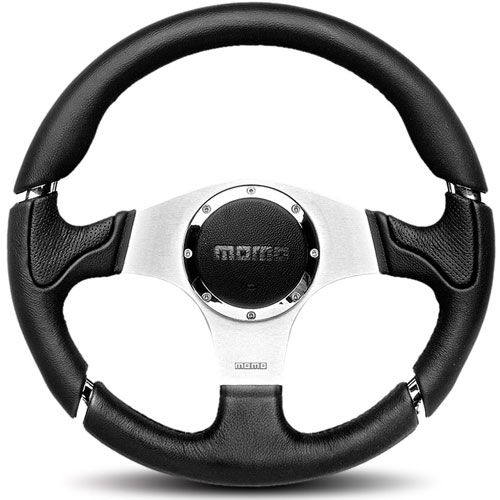 Momo Millenium Steering Wheel 350MM, Black Leather, Black Stitch, Brushed Spokes