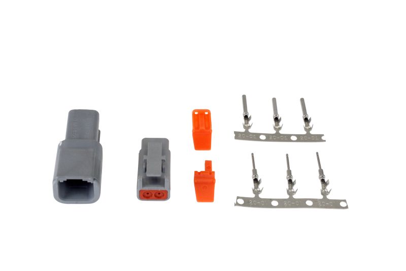 AEM DTM-Style 2-Way Connector Kit. Includes Plug, Receptacle, Plug Wedge Lock, Receptacle Wedge Lock, 3 Female Pins & 3 Male Pins