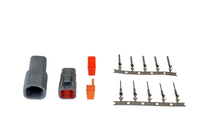 AEM DTM-Style 4-Way Connector Kit. Includes Plug, Receptacle, Plug Wedge Lock, Receptacle Wedge Lock, 5 Female Pins & 5 Male Pins