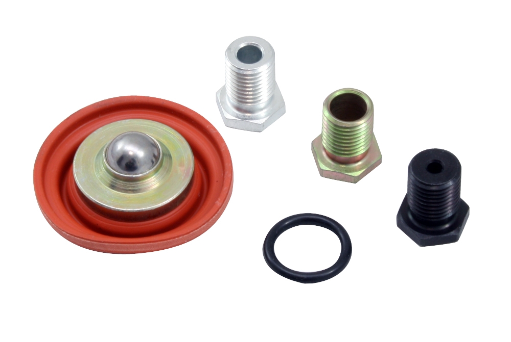 AEM Adjustable Fuel Pressure Regulator Rebuild Kit. Includes: Diaphragm, Single Large .250 Return Orifice & O-Ring