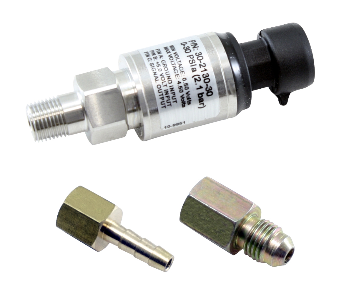 AEM 30 PSIa or 2 Bar Stainless Sensor Kit. Stainless Steel Sensor Body. 1/8" NPT Male Thread. Includes: 30 PSIa or 2 Bar Stainless Sensor, Connector, Pins, 1/8" NPT to -4 Adapter & 1/8" NPT to 3/16" Barb Adapter