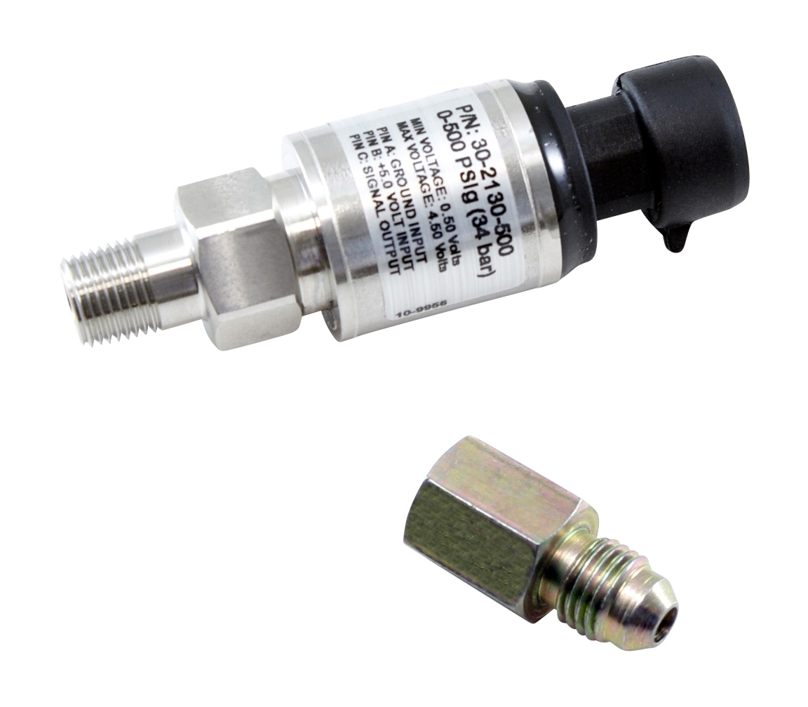AEM 500 PSIg Stainless Sensor Kit. Stainless Steel Sensor Body. 1/8" NPT Male Thread. Includes: 500 PSIg Stainless Sensor, Connector, Pins & 1/8" NPT to -4 Adapter