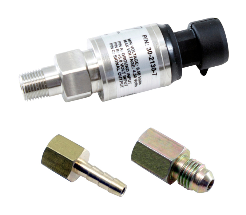 AEM 100 PSIa or 7 Bar Stainless Sensor Kit. Stainless Steel Sensor Body. 1/8" NPT Male Thread. Includes: 75 PSIa or 5 Bar Stainless Sensor, Connector, Pins, 1/8" NPT to -4 Adapter & 1/8" NPT to 3/16" Barb Adapter