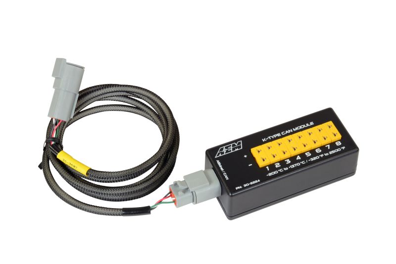 AEM 8-Channel K-Type Thermocouple EGT/Temperature Sensor Module with CANbus
connectivity, includes CAN Module, DTM connector plug, Velcro tab for mounting and instructions.