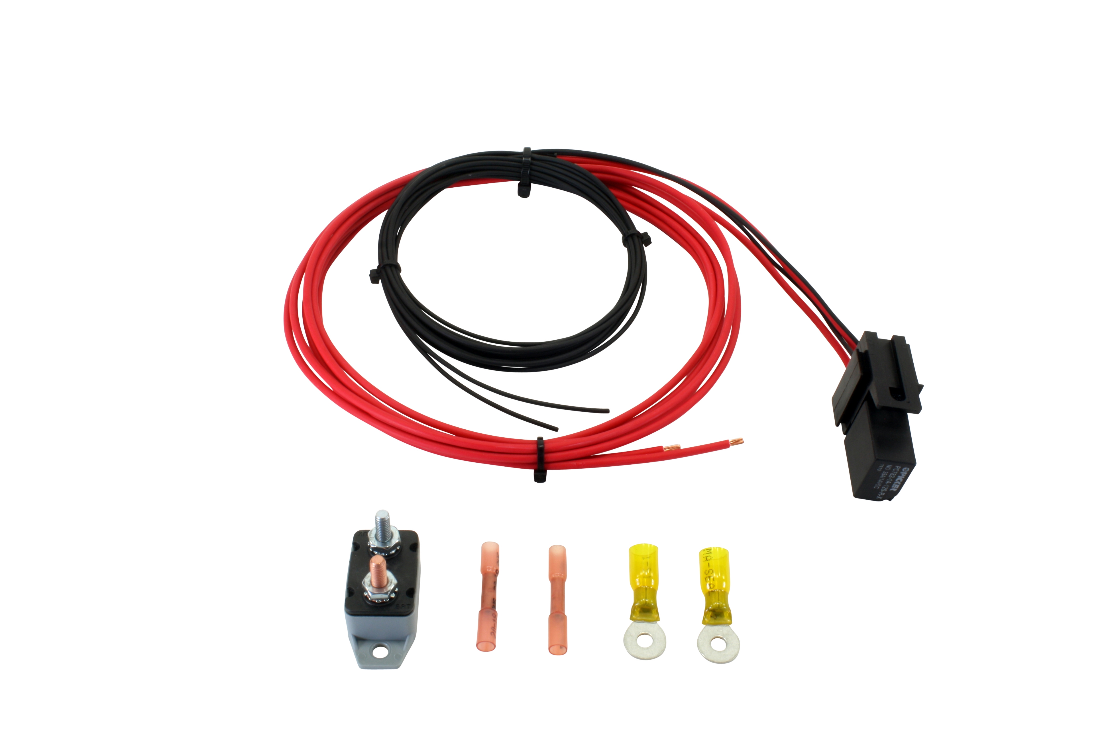 AEM 30 Amp Relay Wiring Kit. Includes 30 Amp Circuit Breaker(Auto reset, splash and dustproof), 30 Amp Relay, 80" 10 gauge Mini-Harness, Terminals & Connectors