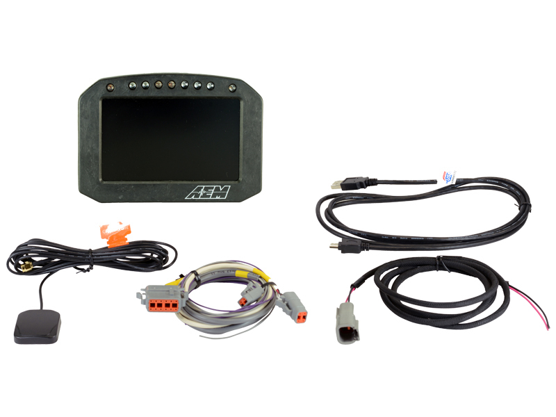 AEM Flat Panel Digital Dash Display, CD-5G non-logging, GPS enabled racing dash, CAN input only, 5-inch diagonal screen, carbon fiber enclosure, GPS antenna and wiring harness included, Does Not Include Buttons (See PN 30-3610)