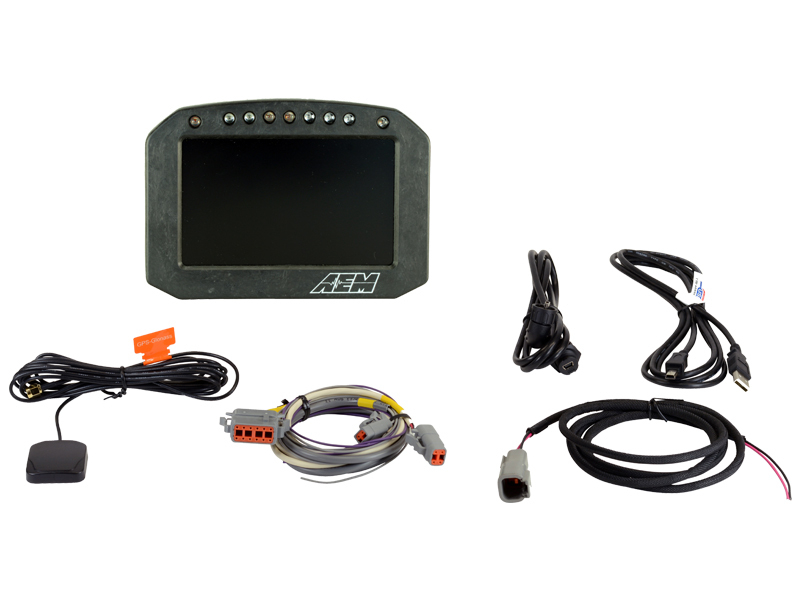 AEM Flat Panel Digital Dash Display, CD-5LG logging, GPS enabled racing dash, CAN input only, 5-inch diagonal screen, carbon fiber enclosure, GPS antenna and wiring harness included, Does Not Include Buttons (See PN 30-3610)