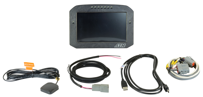 AEM Flat Panel Digital Dash Display, CD-7G non-logging, GPS enabled racing dash, CAN input only, 7-inch diagonal screen, carbon fiber enclosure, GPS antenna and wiring harness included