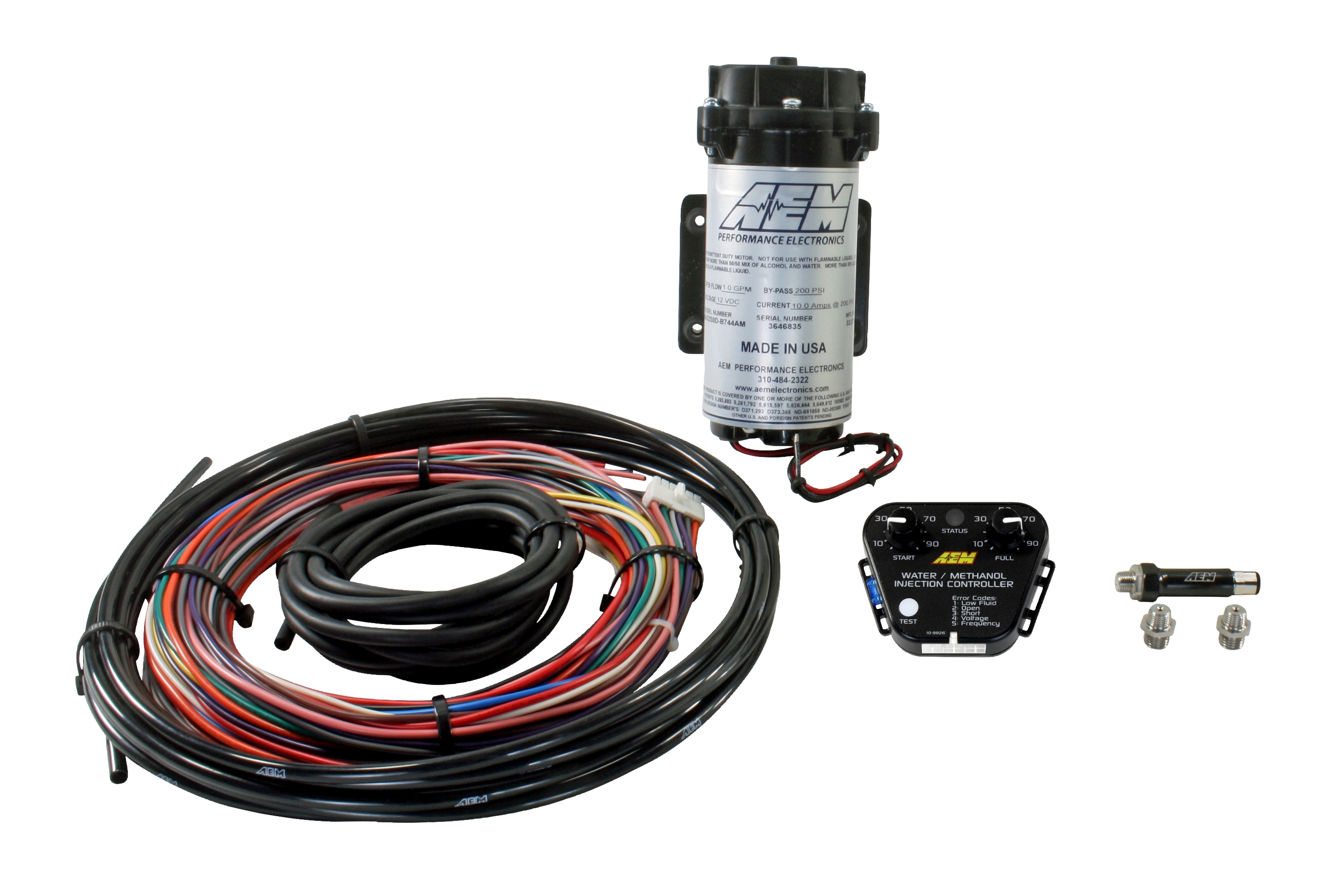AEM V2 Water/Methanol Nozzle and Controller Kit, Multi Input Controller - 0-5v/MAF Frequency or Voltage/Duty Cycle/Ext MAP, 200psi WM Pump, NO TANK INC.