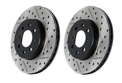 Stoptech Direct Replacement Rotors, Drilled/Slotted, Front Pair w/ Standard Non-Sport Calipers - Nissan 350Z 03-05 Z33 / Infiniti G35 03-04, 05 AWD