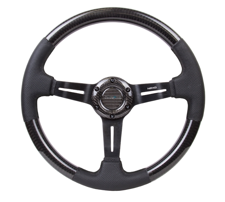 NRG Carbon Fiber Steering Wheel (350mm / 1.5in. Deep) Leather Trim w/ Black Stitch & Slit Cutout Spokes