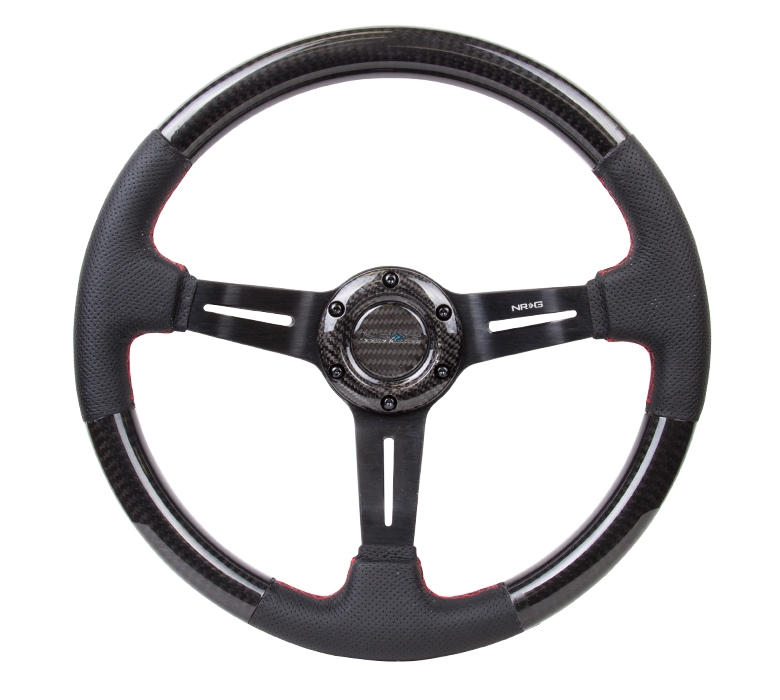 NRG Carbon Fiber Steering Wheel (350mm /1.5in. Deep) Leather Trim w/ Red Stitch & Slit Cutout Spokes