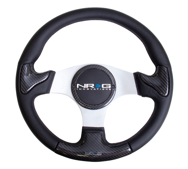 NRG Carbon Fiber Steering Wheel (350mm) Silver Frame Black Stitching w/ Rubber Cover Horn Button