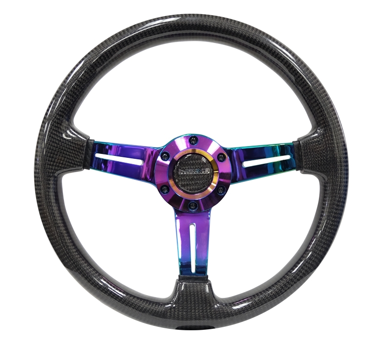 NRG Carbon Fiber Steering Wheel (350mm / 1.5in. Deep) Neochrome 3-Spoke Design w/ Slit Cuts