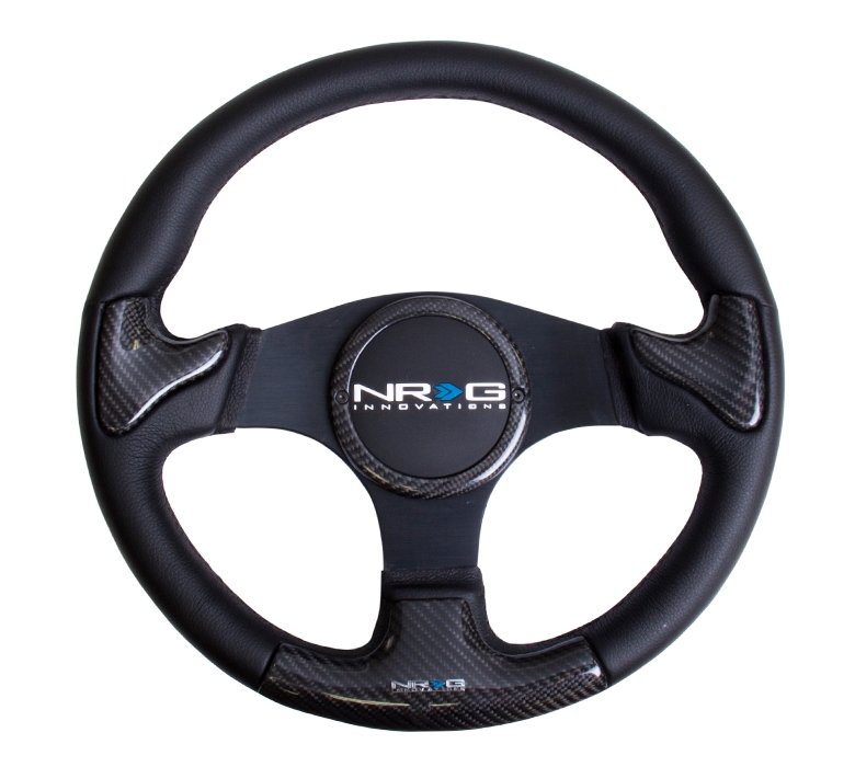 NRG Carbon Fiber Steering Wheel (350mm) Black Frame Black Stitching w/ Rubber Cover Horn Button