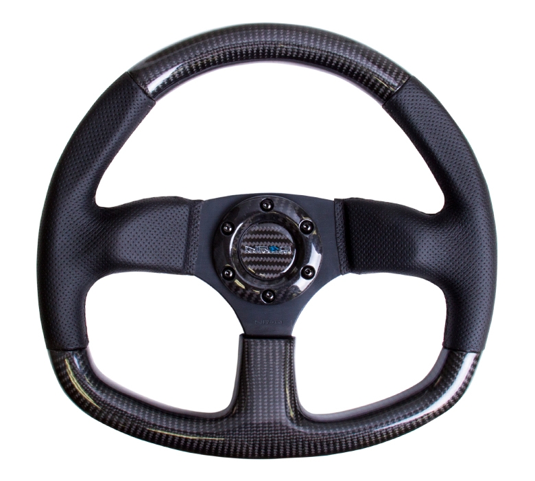 NRG Carbon Fiber Steering Wheel (320mm) Flat Bottom & Leather Trim w/ Black Stitching
