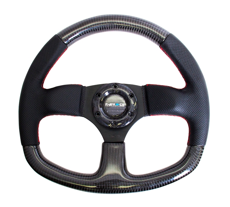 NRG Carbon Fiber Steering Wheel (320mm) Flat Bottom & Leather Trim w/ Red Stitching