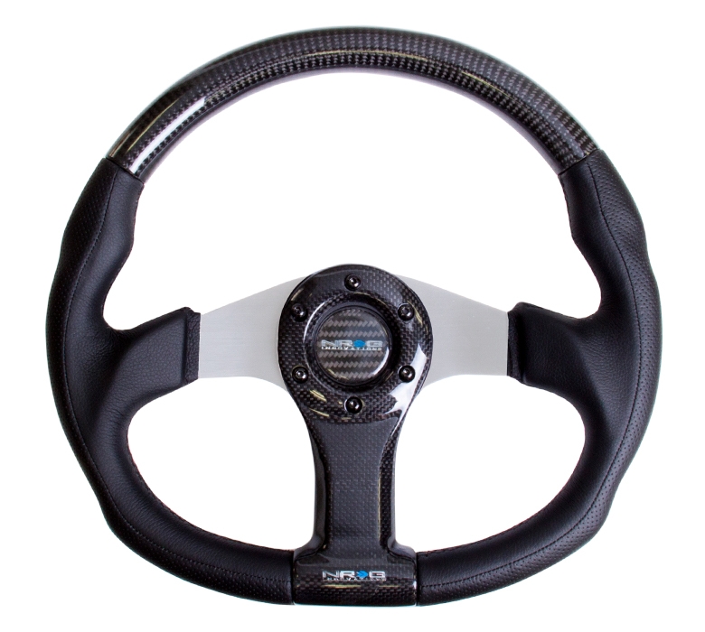 NRG Carbon Fiber Steering Wheel (350mm) Silver Oval Shape w/ Leather Trim