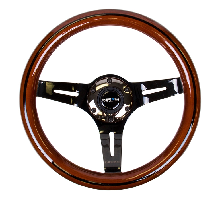 NRG Classic Wood Grain Steering Wheel (310mm) Dark Wood & Black Line Inlay w/ Black Chrome 3-Spoke Center