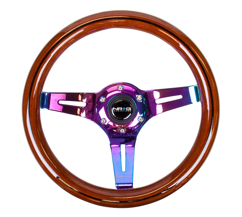 NRG Classic Wood Grain Steering Wheel (310mm) Dark Wood & Black Line Inlay w/ Neochrome 3-Spoke Center