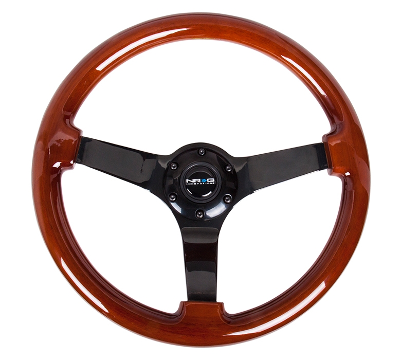 NRG Classic Wood Grain Steering Wheel (350mm / 3in. Deep) Dark Wood & Black Chrome 3-Spoke Center