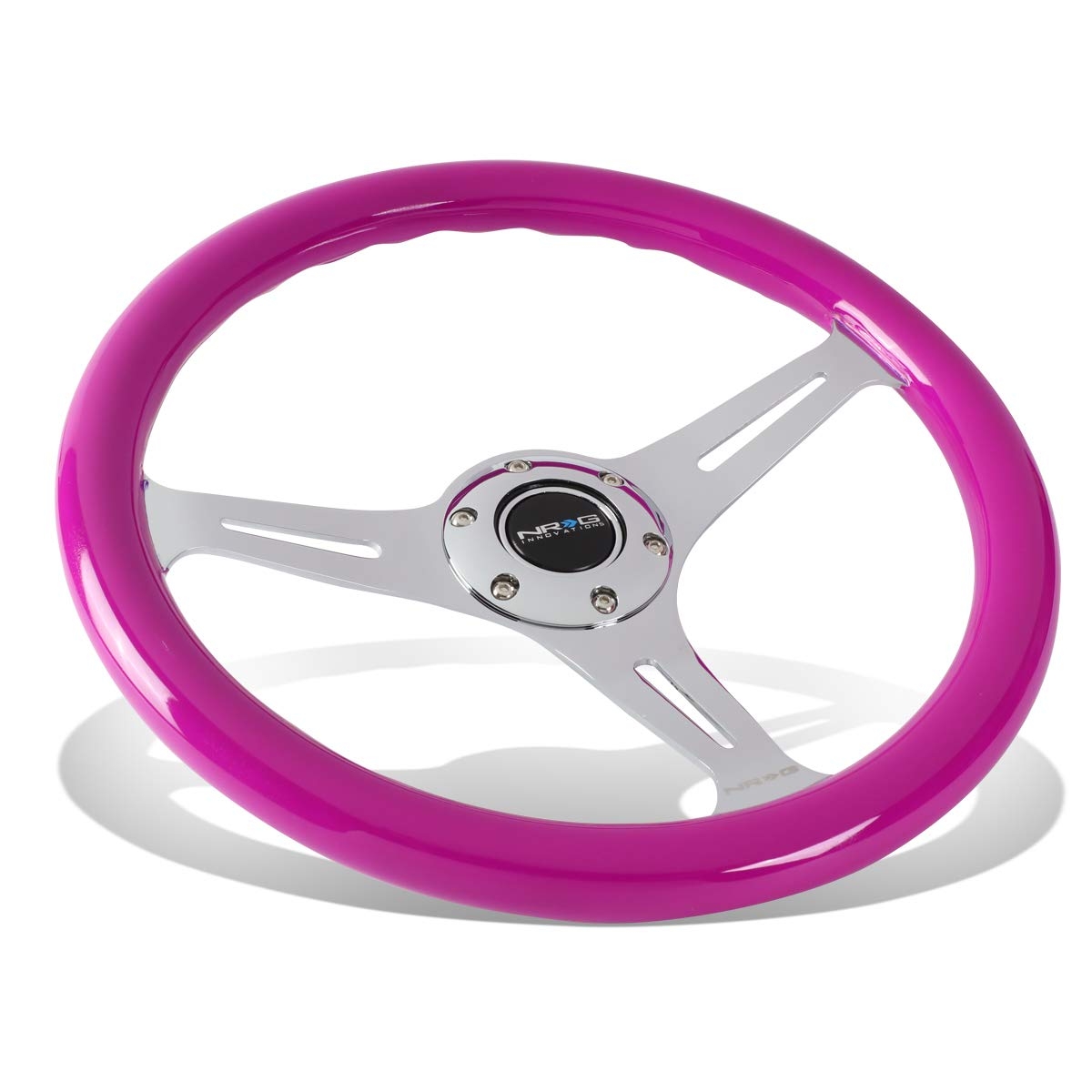 NRG Classic Wood Grain Steering Wheel (350mm) Neon Purple Painted Grip w/ Chrome 3-Spoke Center