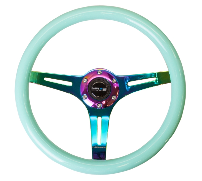 NRG Classic Wood Grain Steering Wheel (350mm) Minty Fresh Color w/ Neochrome 3-Spoke Center