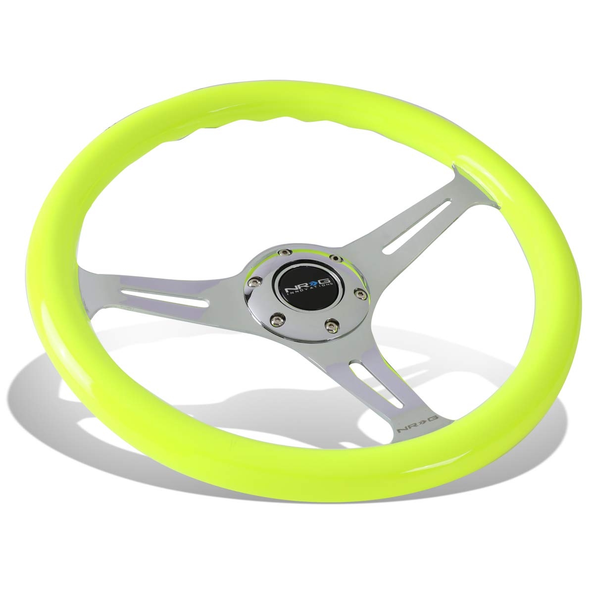 NRG Classic Wood Grain Steering Wheel (350mm) Neon Yellow Color w/ Chrome 3-Spoke Center