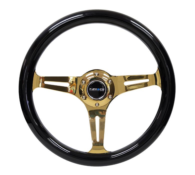 NRG Classic Wood Grain Steering Wheel (350mm) Black Grip w/ Chrome Gold 3-Spoke Center
