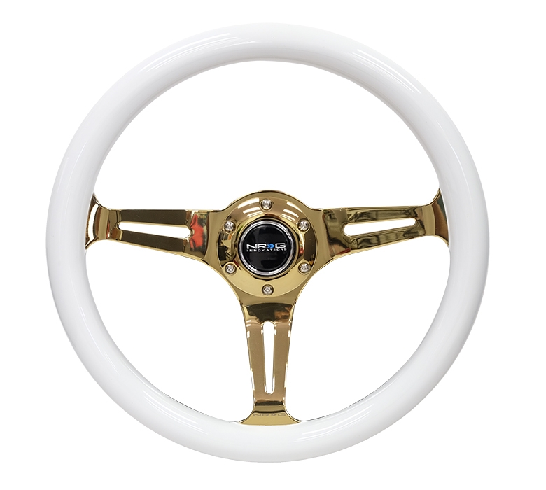 NRG Classic Wood Grain Steering Wheel (350mm) White Grip w/ Chrome Gold 3-Spoke Center