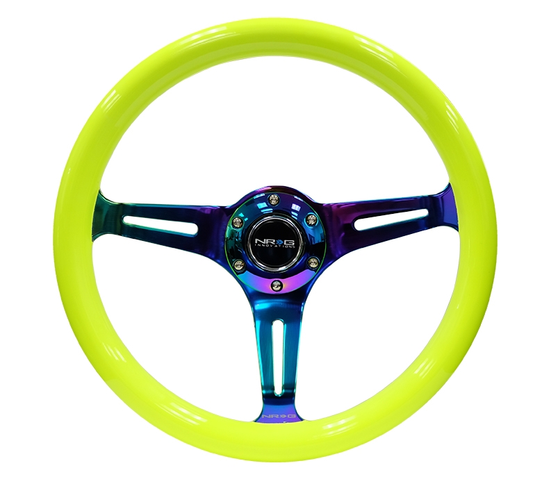 NRG Classic Wood Grain Steering Wheel (350mm) Neon Yellow Color w/ Neochrome Spokes