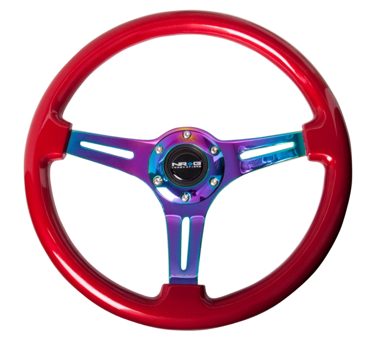 NRG Classic Wood Grain Steering Wheel (350mm) Red Grip w/ Neochrome 3-Spoke Center