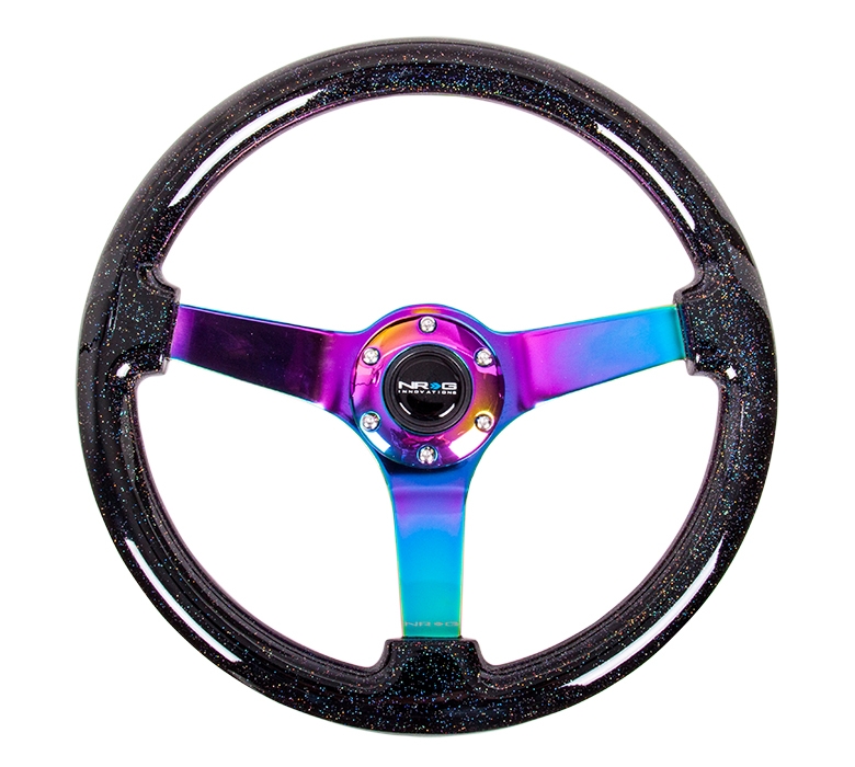 NRG Reinforced Steering Wheel (350mm / 3in. Deep) Classic Black Sparkle w/4mm Neochrome 3-Spoke Center