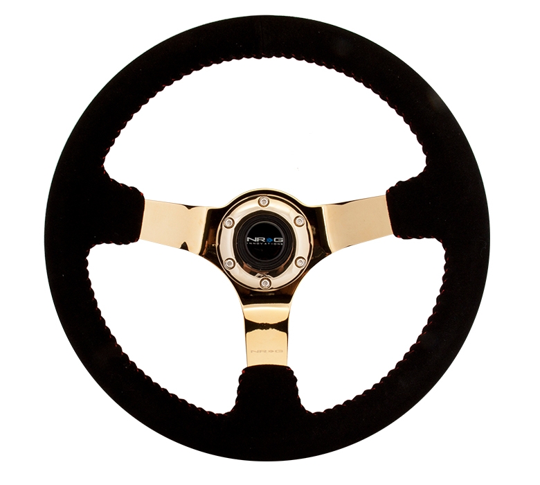 NRG Reinforced Steering Wheel (350mm / 3in. Deep) Black Suede w/ Red BBall Stitch & Chrome Gold 3-Spoke