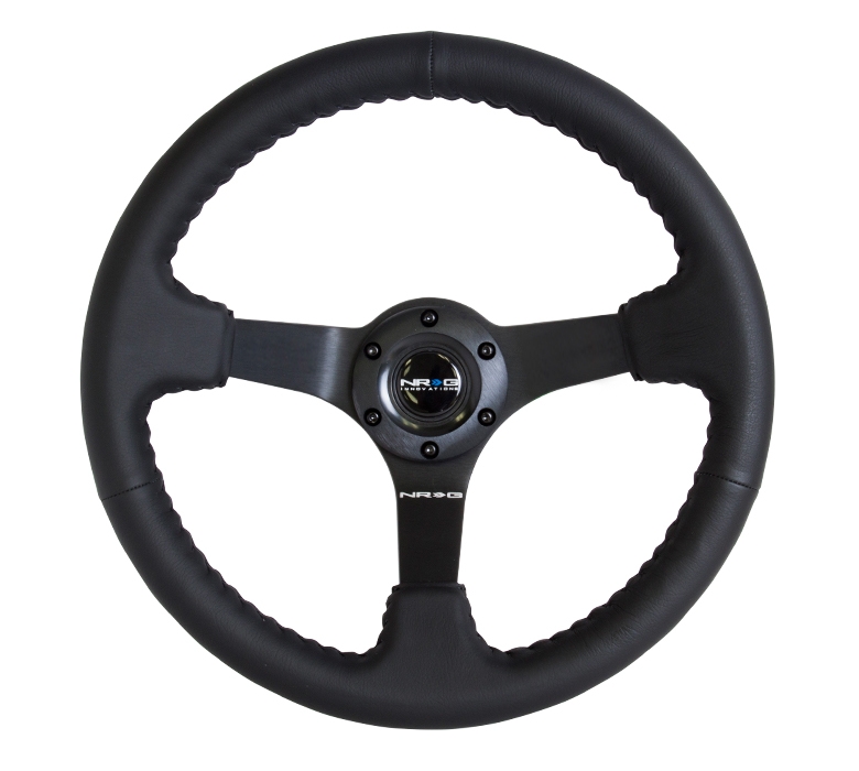 NRG Reinforced Steering Wheel (350mm / 3in. Deep) Bk Leather w/ Bk BBall Stitch (Odi Bakchis Edition)