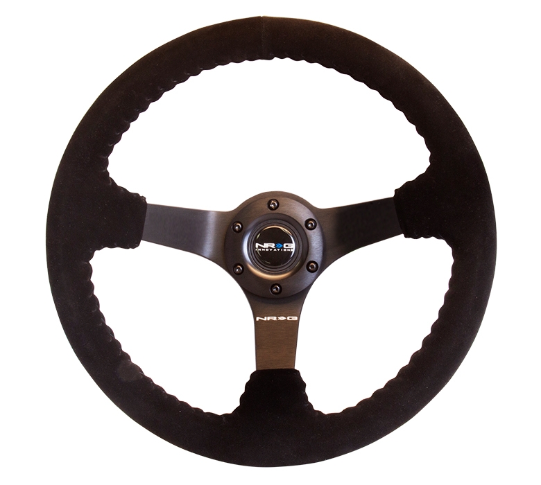 NRG Reinforced Steering Wheel (350mm / 3in. Deep) Black Suede w/ Black BBall Stitch (Odi Bakchis Edition)